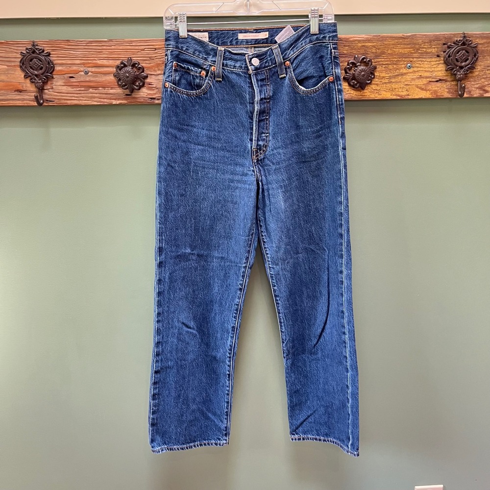 Levis Premium Ribcage Straight Jeans Womens 28x29 Blue High Rise Button Fly